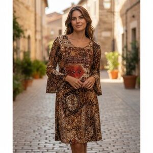Haani Brown Patchwork Print Long Sleeve Bell-Sleeve Dress